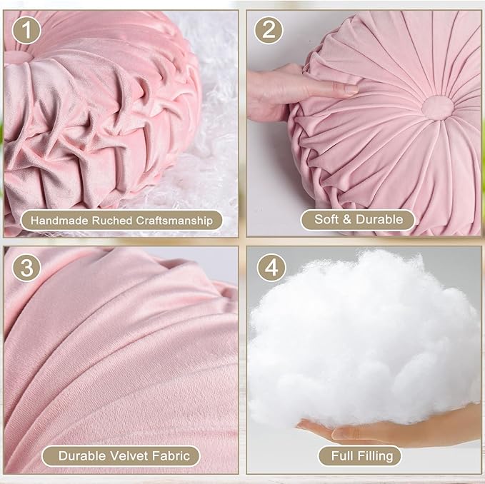 HIG Set of 2 Pink Ruched Velvet Round Throw Pillows – 14.5’’ Decorative Pillows with Soft Polyester Filling for Couch, Bed, Living Room, Bedroom, or Dorm – Handmade, Stress Relieving, All-Season