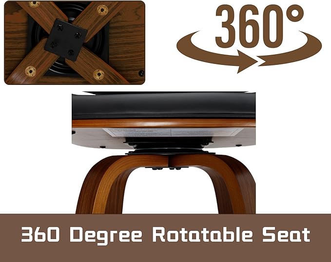 26’’ Modern Barrel Swivel Counter Stools Counter Height Swivel Bar Stools with Backs Set of 4 Black Faux Leather Upholstered Bar Height Island Chairs, Farmhouse Walnut Wood Barstool for Kitchen Island