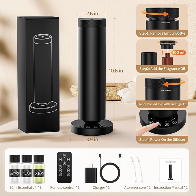Waterless Diffuser with 90ML Essential Oils, Aromatherapy Diffuser Covers 1000 Sq Ft, Diffusers for Home Hotel, Adjustable Mist & Timer, Scent Diffuser Starter Kit with Night Light, Black