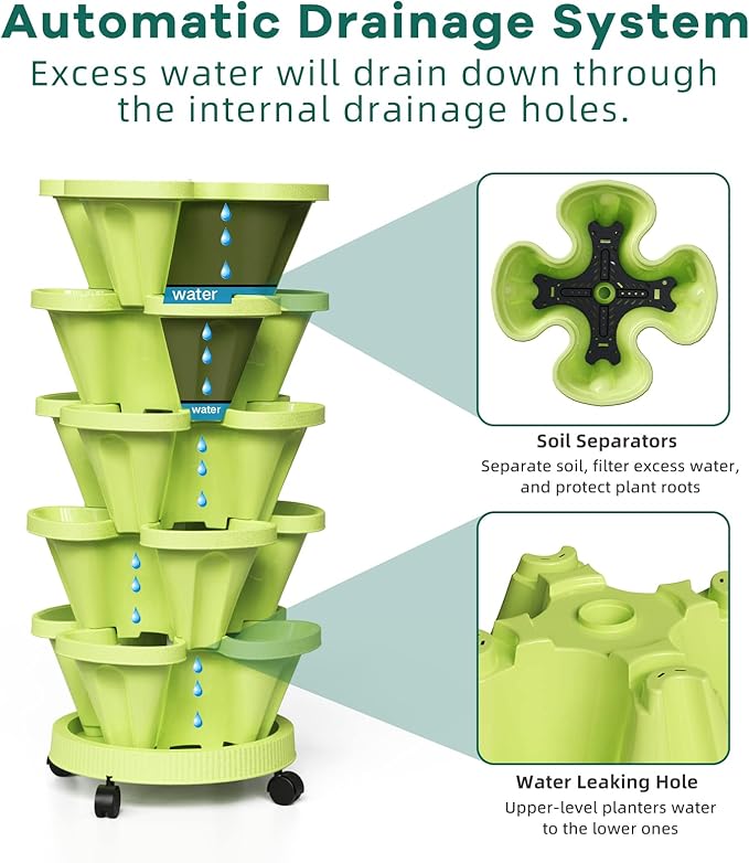Strawberry Stacking Planters, Vertical Garden Tower, 5 Tiered Stackable Herb Vegetable Planters with Movable Casters and Bottom Saucer Indoor and Outdoor - Green