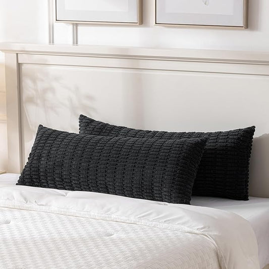 Fancy Homi 2 Packs Black Long Body Lumbar Decorative Throw Pillow Covers 14x36 Inch for Bed Couch Bedroom Bench, Soft Corduroy Rectangle Solid Pillow Case, Rustic Farmhouse Boho Room Decor