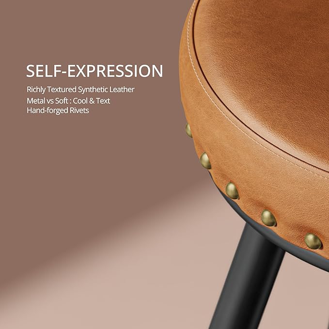 IRONCK Counter Height Bar Stools Set of 2, 30" Swivel Barstools with Backs, Hand-Riveted Design, Wide Seat, PU Leather Upholstered, Armless Bar Chairs for Kitchen Island, Brown