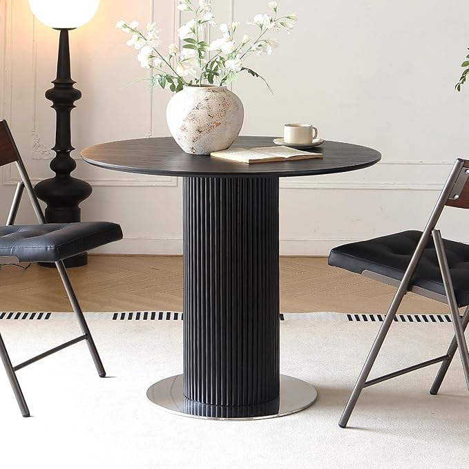 34.25" Round Wood Dining Table,Wooden Trestle Pedestal Base on Stainless Steel Plate,Small Space Kitchen Table,Modern Circular Tabletop for Kitchen, Dining Room,Negotiation Room,Cafe(Black)