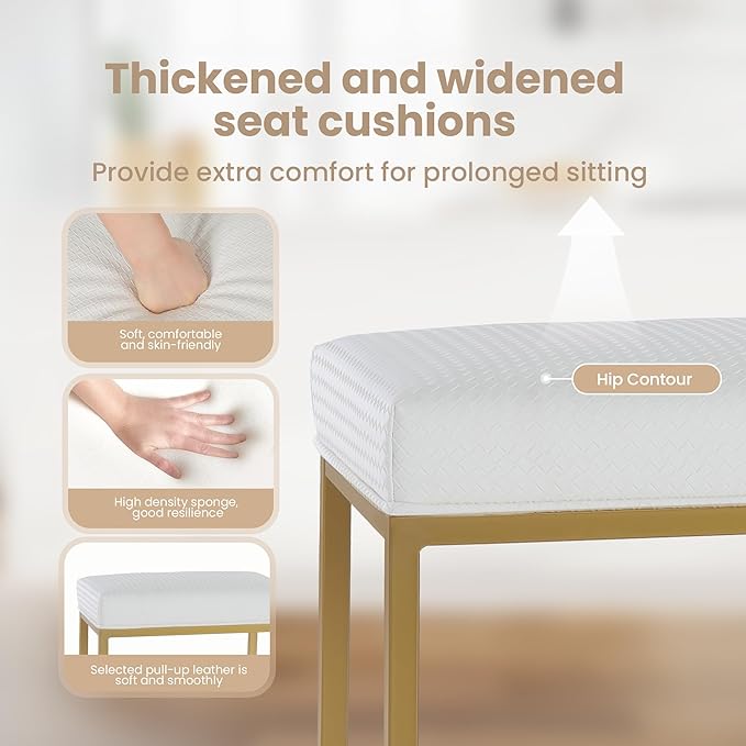 PHI VILLA White and Gold Bar Stools Set of 2 - Thick Cushion Metal Steel Frame Base with Footrest 24 Inch Barstools, Counter Height Bar stools