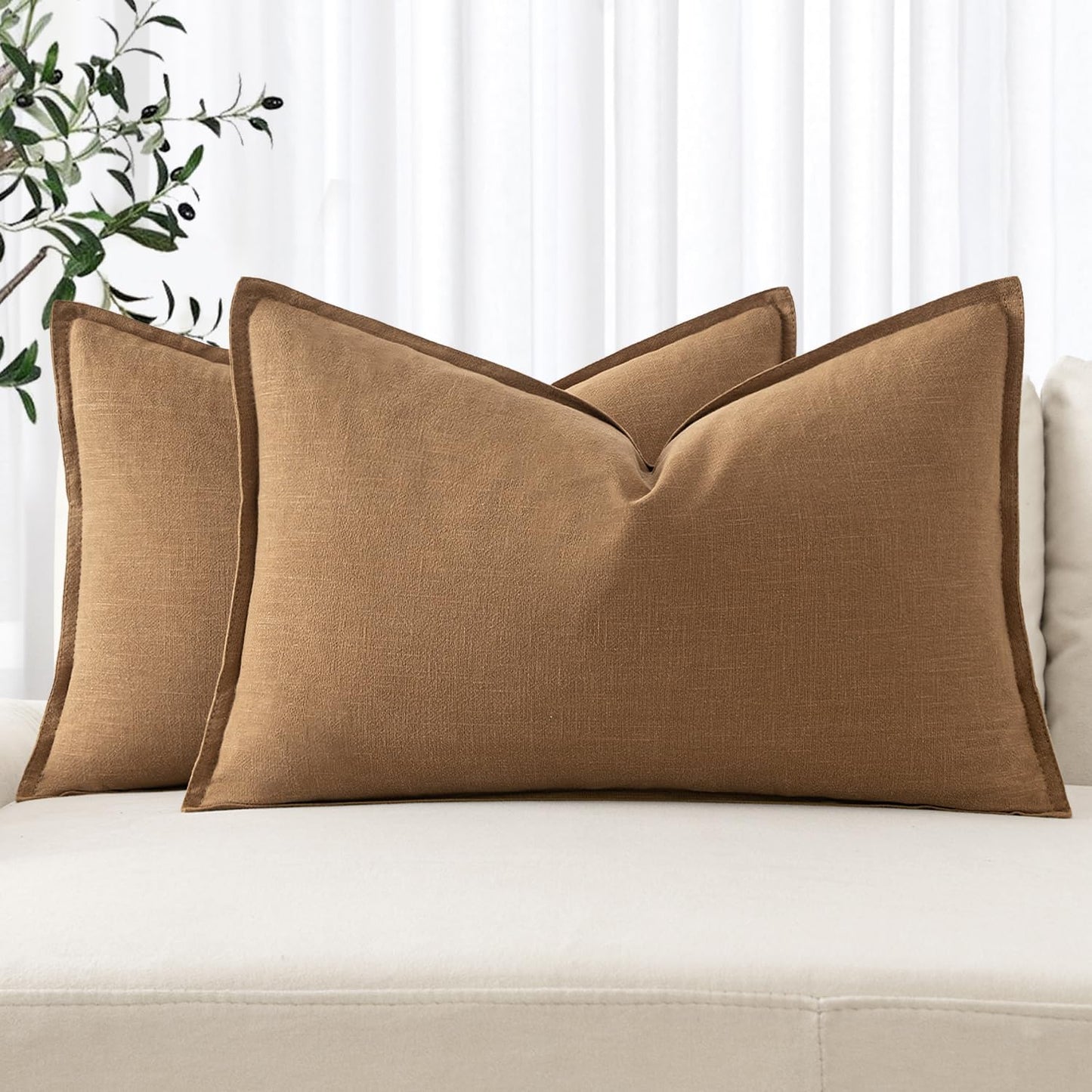 MIULEE Decorative Linen Lumbar Pillow Covers 12x20 Inch Brown Boho Farmhouse Neutral Couch Throw Pillows for Bed Pack of 2 Accent Modern Pillowcase Sofa Livingroom Home Decor