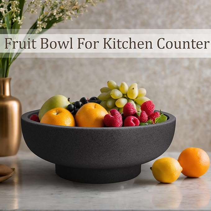 Large Decorative Bowl, Fruit Bowl for Kitchen Counter, Modern Resin Bowl for Home Decor, Key Holder for Entry Table, Artificial Stone Black