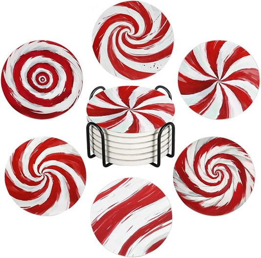 Christmas Drink Absorbent Coasters with Holder Set of 6, Ceramic Stone with Cork Base, Red and White Candy Cane Coaster for Drinks, Gift for Housewarming Room Bar Home Decor Kitchen