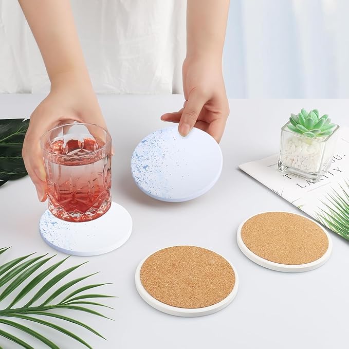 Drink Stone Coasters Set of 2 -Round Marble Style Desk Coasters with Non-Slip Cork Backing, Cute Coffee Desk Coaster for Office, Home Decor, Housewarming #2PACK (Starry Ink)