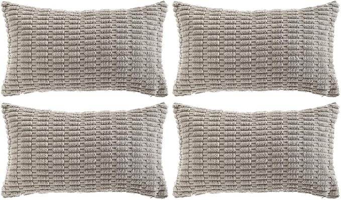 Fancy Homi 4 Packs Grey Decorative Throw Pillow Covers 12x20 Inch for Living Room Couch Bed, Rustic Modern Farmhouse Boho Home Decor, Soft Plush Corduroy Gray Cute Square Accent Cushion Case 30x50 cm