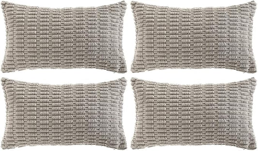 Fancy Homi 4 Packs Grey Decorative Throw Pillow Covers 12x20 Inch for Living Room Couch Bed, Rustic Modern Farmhouse Boho Home Decor, Soft Plush Corduroy Gray Cute Square Accent Cushion Case 30x50 cm