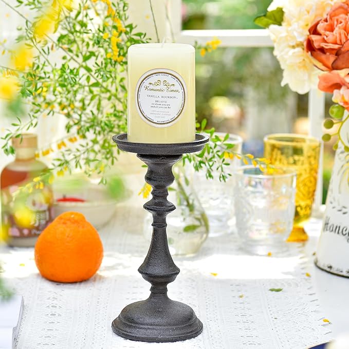 Sungmor Rustic Cast Iron Pillar Candle Holder, 7.8" Tall Vintage Candlestick Holders, Table Centerpiece Metal Candle Holder, Farmhouse Candle Stand for Fireplace Shelf Home Decor