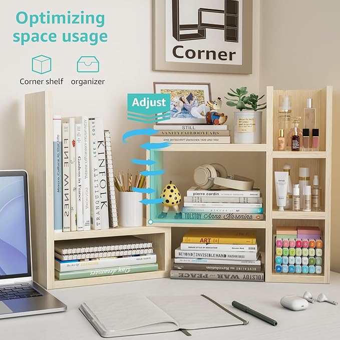 Desk Shelves Desktop Orgnizer Shlef - Natural Wood Tone Office Organization for Top of Desk Organizers and Accessories Corner Bookshelf Table Top Shelving Small Hutch Decorations for Office