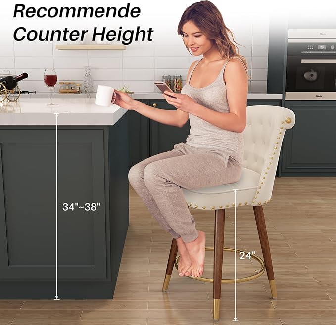 24" Counter Height Bar Stools Set of 4, Swivel Counter Stools with Back, Upholstered Velvet Stools for Kitchen Counter with Wood Legs, Fabric in Off-White
