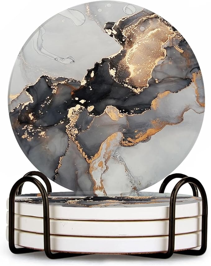 Ceramic Drink Coasters Set of 4 with Holder Round Water Absorbent Grey Gold Fashion Marble Coasters Tabletop Protection (Cork Base),Suitable for Various Mugs,Home Decor,4 Inch