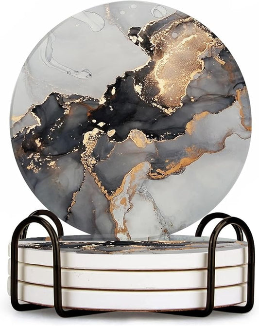 Ceramic Drink Coasters Set of 4 with Holder Round Water Absorbent Grey Gold Fashion Marble Coasters Tabletop Protection (Cork Base),Suitable for Various Mugs,Home Decor,4 Inch