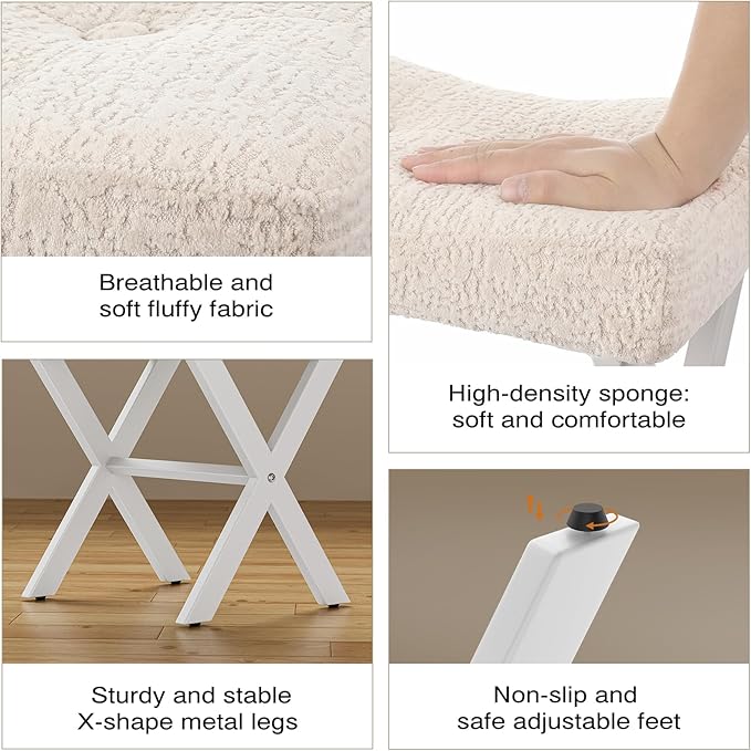 18-Inch Vanity Stool Chair, Vanity Bench with Metal X-Legs, Ottoman Accent Stool with Breathable and Soft Boucle Fabric Saddle Seat, Beige