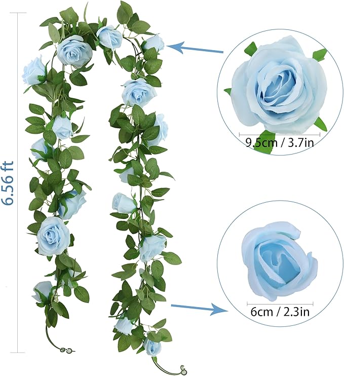 Felice Arts 2 Pack Light Blue Artificial Floral Garland Each 6.5FT Fake Rose Vine Hanging Rose Garland for Wedding Flowers Table Centerpiece Arrangement Room Baby Shower Teepee Mirror Decor