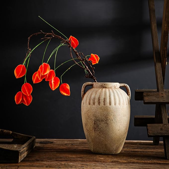 8.3 Inch Tall Large Ceramic Rustic Flower Vase for Home Office Decor, Boho Farmhouse Living Room Coffee Table Kitchen Bedroom Bathroom Wall Decor Aesthetic, Vintage House Shelf Decor -Beige