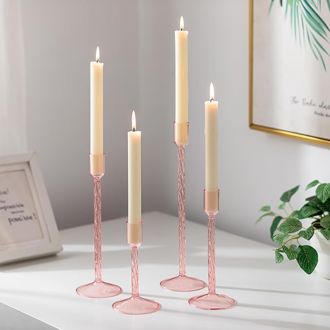 Glasseam Glass Candlestick Holders Pink: Set of 4 Tall Taper Candle Holders for Candlesticks Decorative Tapered Candles for Table Centerpiece Wedding Christmas Home Decor