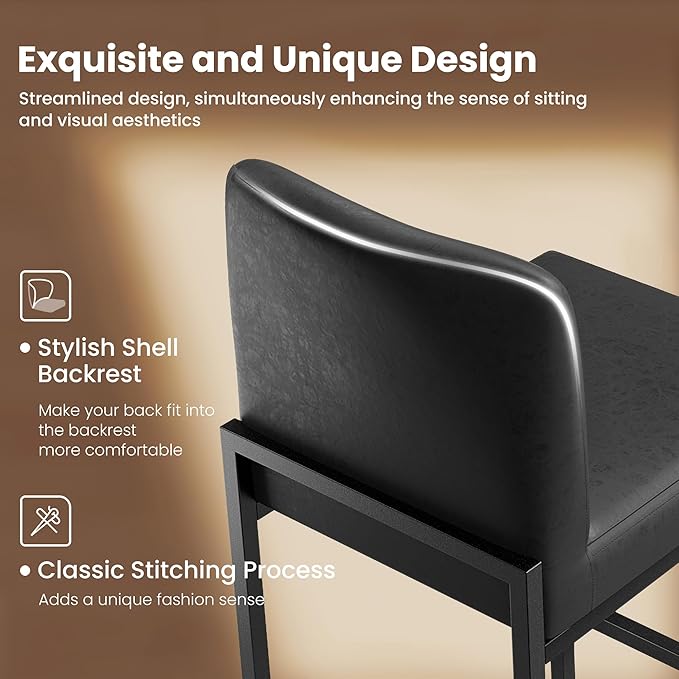 PHI VILLA Black Leather Bar Stools Set of 2, Counter Height Bar Chairs, 24 inch Kitchen Modern Bar Stool with Back