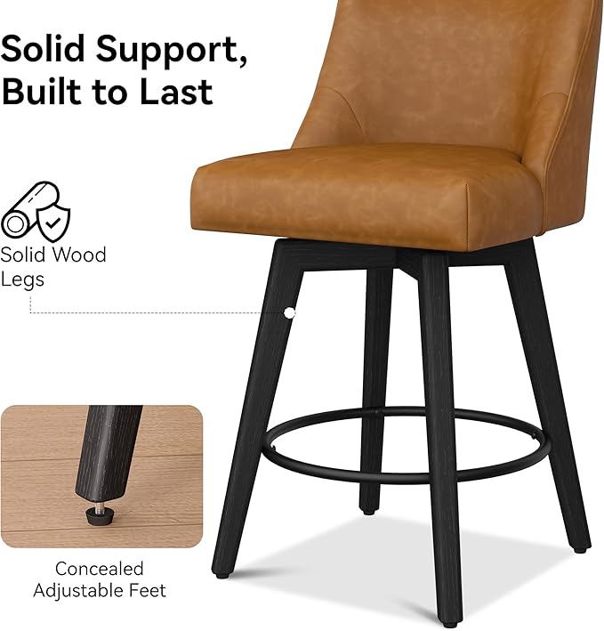 Counter Height Bar Stools Set of 2, Modern Swivel Barstools with Back and Wood Legs, Faux Leather Upholstered Counter Height Stools, 26" H Kitchen Island Stools, Home Bar, Whisky Brown