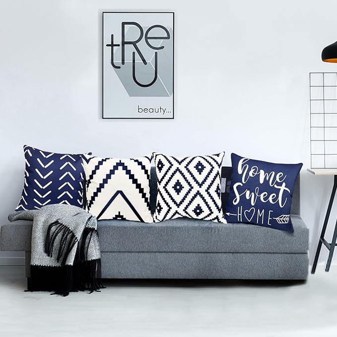Decorative Throw Pillow Covers Set of 4 Blue Pillow Covers 22x22 inch Throw Pillow Cases Linen Square Pillow Case,Farmhouse Outdoor Modern Geometric Pillow Covers for Couch Sofa Living Room