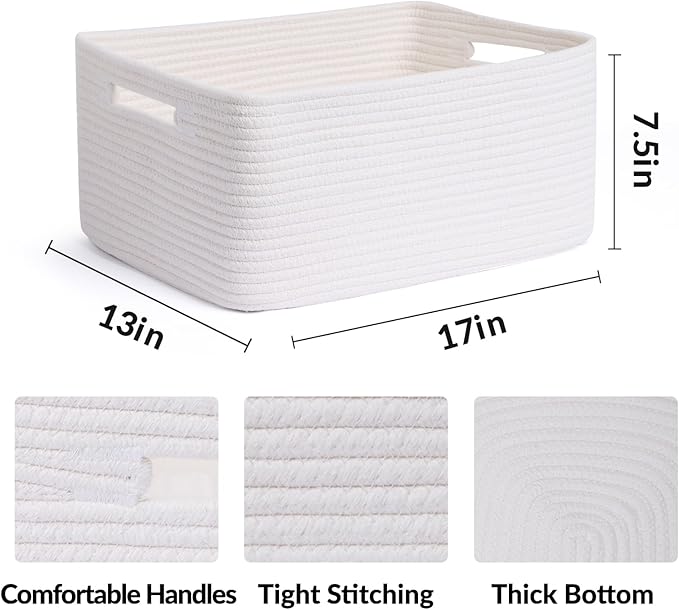 Large Storage Baskets for Shelves, Closet Organizers Bins for Clothes Blanket Towels, Baby Nursery, Toy Baskets Box, Woven Rope Baskets, 17 x 13 x 7.5”, 3 Packs Off White