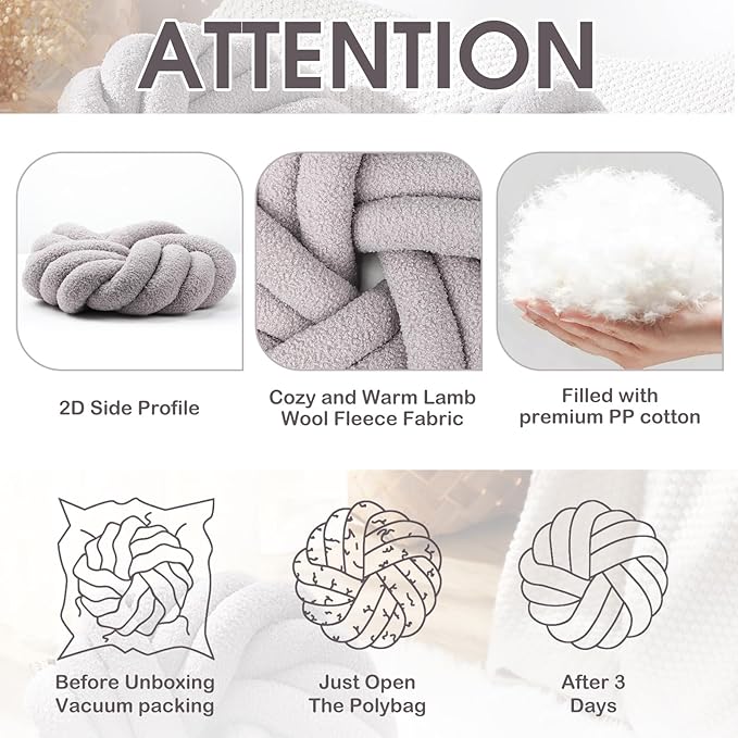 Marsui 2 Pieces Knot Ball Pillows 14 x 14 Inch Decorative Pillow for Couch Bedroom Plush Throw Knot Pillow Soft Handmade Chair Cushion for Living Room Car Decorations (Light Gray)