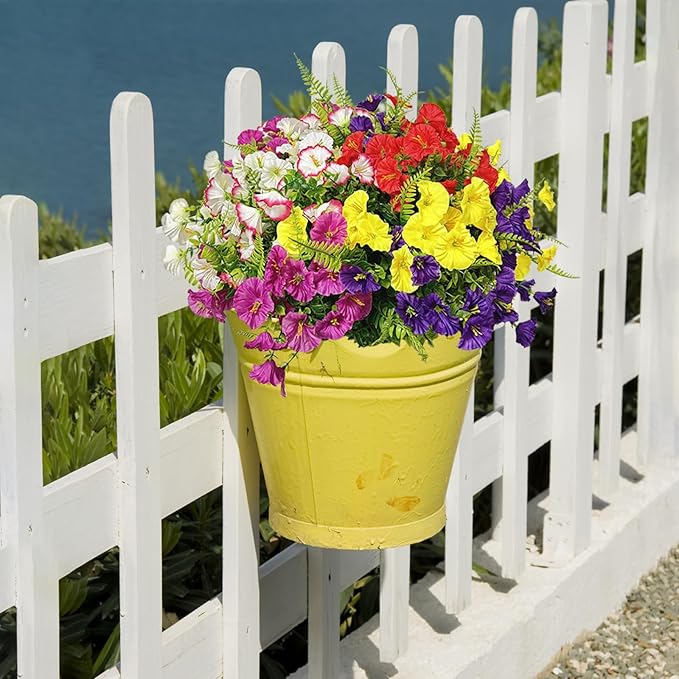 14 Bundles Artificial Silk Flowers for Indoor Outside Decoration Faux Mixed Colorful Morning Glory with Eucalyptus UV Resistant Realistic Fake Flowers for Home Planter Porch Yard Patio