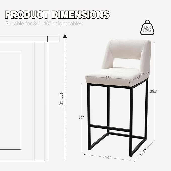 Counter Height Black and White Bar Stools Set of 2 for Kitchen Counter Modern Bar Chairs with Backs for Kitchen Island with Upholstered Fabric Seat and Metal Frame, 26 Inch