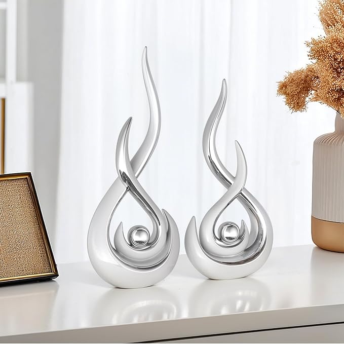 Modern Abstract Art Home Decor Accent,Contemporary Statues Coffee Table Decor for Living Room,Table Centerpieces for Dining Room,Ceramic Sculptures Knick Knacks for TV Stand Show Piece (White Silver)