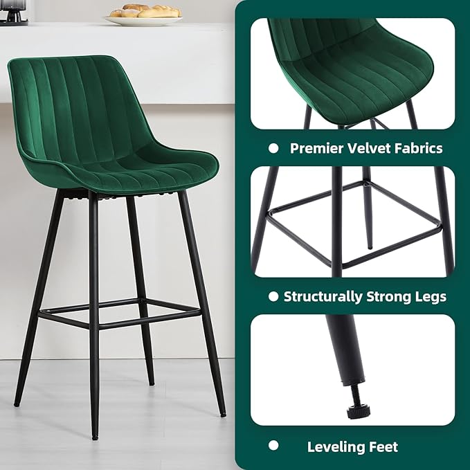 24" Bar Stools Set of 2, Counter Height Bar Chairs with Back, Modern Velvet Upholstered Barstools, Kitchen Island Stools for Bar, Kitchen Counter, Top Height 35"-38", Green