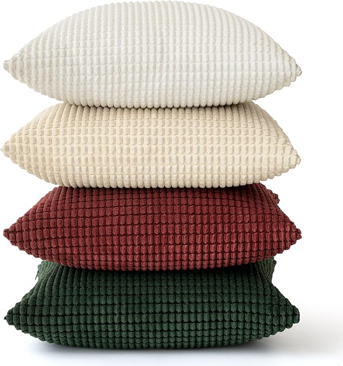 MIULEE Boho Farmhouse Throw Pillow Covers 18x18 Inch Set of 4 Soft Neutral Pillow Covers Christmas Red and Green Corduroy Couch Pillowcases Home Decor for Sofa Living Room Bed