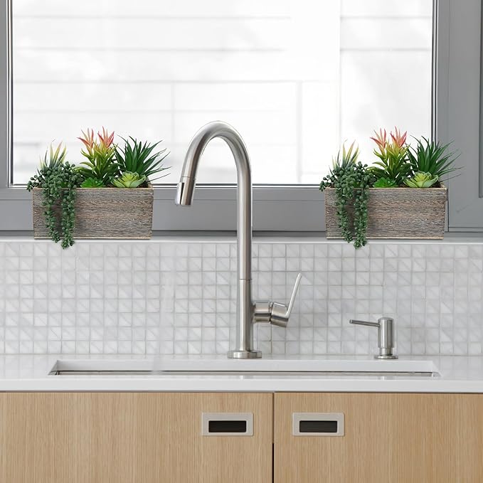 Artificial Succulents Plants Indoor Faux Succulent Potted Arrangement in Rectangular Wooden Pot for Table Centerpiece Windowsill Coffee Patio Farmhouse Decor