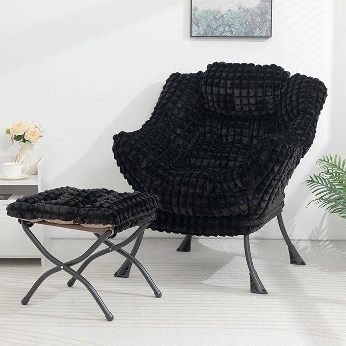 HollyHOME Fabric Lazy Chair with Foldable Ottoman, Accent Comfy Lounge Arm Chair and Folding Footrest Stool Set, Leisure Sofa Reading Chair and Footstool for Living Room, Bedroom, Dorm, Faux-Fur Black