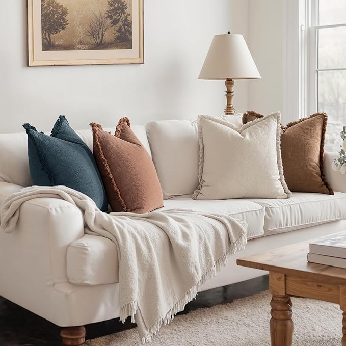 MIULEE Decorative Couch Pillow Covers Neutral Linen Fringe Throw Pillows Set of 4 Modern Rustic Cushions Boho Farmhouse Pillowcases for Bed Sofa Living Room Home Decor 18x18 Inch Beige/Brown/Blue