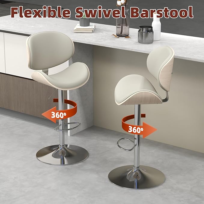 civama Bar Stools Set of 2 for Kitchen Counter, Adjustable Bar Height Chairs, Modern Swivel Barstools with Bentwood Seat and Back with Footrest, for Kitchen Island, Dining Room, Grey PU Leather