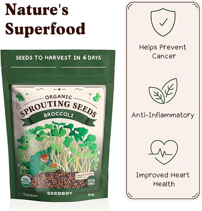 Seedboy Organic Broccoli Seeds for Sprouting - Non-GMO, USA Grown Microgreens Sprouting Seeds Mix - Makes 8 Quarts of Sprouts, 24 Servings (8 oz) (Di Cicco Broccoli)