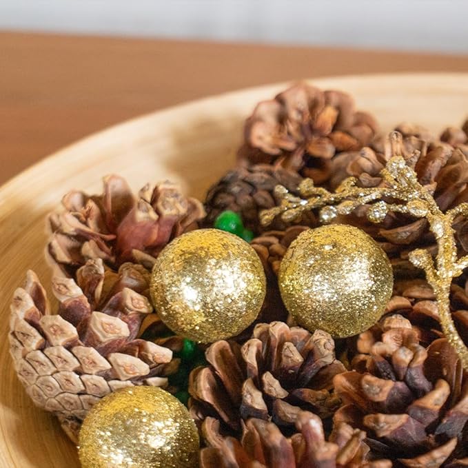 Qingbei Rina Bowl Fillers Vase Fillers, Natural Pinecones for Crafts,Medium Rustic Pine Cone Ornaments with Golden Balls&Berries, Holidays Farmhouse Home Decor