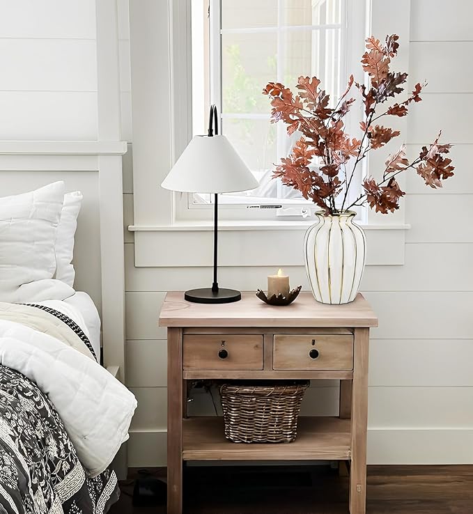 White & Gold Ceramic Flower Vase - 7.8" Modern Vertical Stripe Pottery Wave Vase | Ribbed Textured Flower Vase for Home Decor Bedroom Office Living Room Bathroom Table Centerpiece