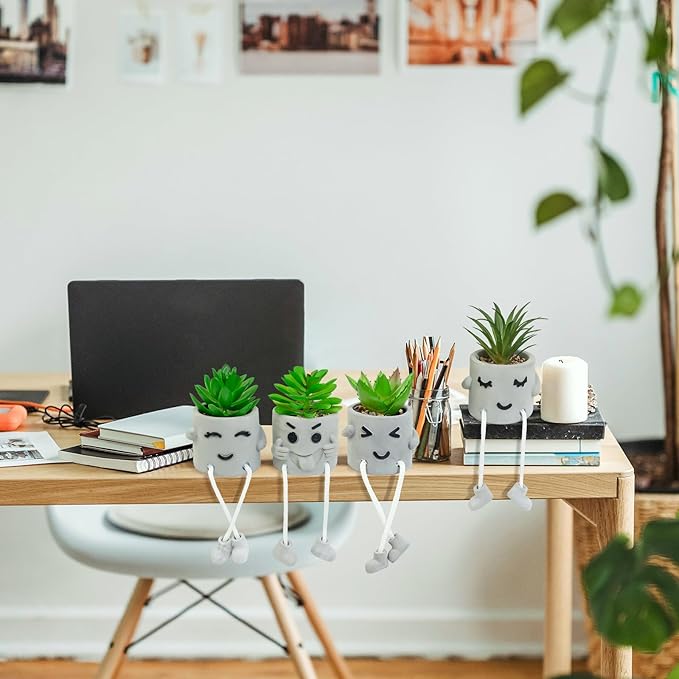 Set of 4 Small Faux Succulents in Cement Pots with Hanging Legs, Potted Mini Fake Plants for Desk, Office Cubicle, Kitchen, Bathroom, Wall Shelf Decor, Room & Bookshelf Ornament