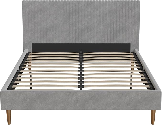 Mr. Kate Daphne Upholstered Queen Bed Frame with Headboard, Modern Platform Velvet Queen Bed Frame, Light Gray Velvet