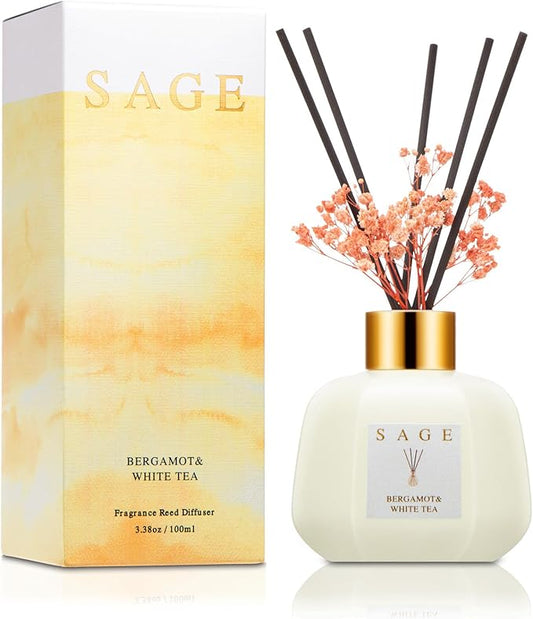 SAGE Hotel Reed Diffuser - Inspired by Westin Room Scent | 3.4oz Bergamot White Tea Scent Diffusers for Home | Preserved Real Flower & Oil Diffuser Sticks | Nightstand or Bathroom Decor for Shelves