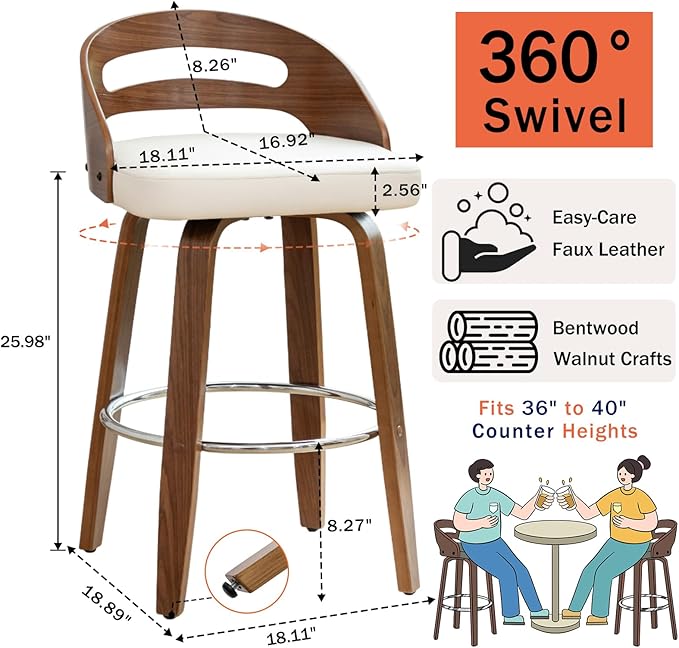 Counter Stools Set of 3, Counter Height Bar Stools with Walnut Crafts, Bentwood Curved Back, Upholstered Faux Leather, Soft Cushion Seat, Swivel Counter Chairs for Island/Pub (Beige, 26" Seat Height)