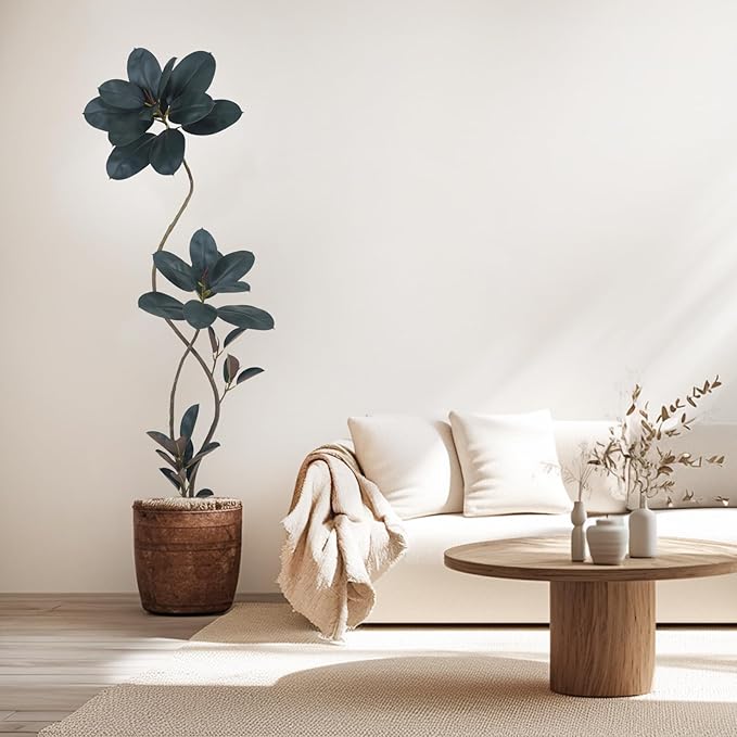 Artificial Rubber Tree Plant, 72 Inch Indoor Tree, Green with Round Planter, All Season Home Decor (Black, 6ft)