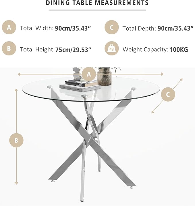 Round Glass Dining Table with Silver Crossed Legs, 35.5" Modern Style Kitchen Table for Dining Room Kitchen, Silver