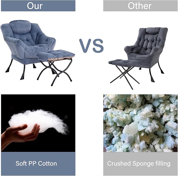 LITA Lazy Chair with Ottoman, Modern Accent Leisure Upholstered Sofa Chair, Lounge Reading Chair with Armrests and a Side Pocket for Living Room, Bedroom & Small Space, Plush Light Blue