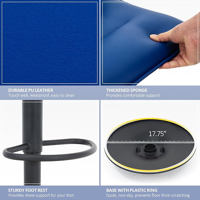 Brage Living Adjustable Bar Stool, Modern PU Leather Swivel Counter Height Barstool with Back, Armless Airlift Curved Bar Chair for Kitchen Dining Cafe, 1 pc (Blue, Black Base)