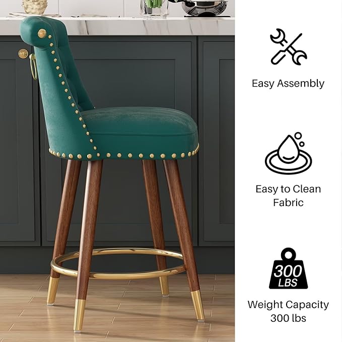 Counter Height Bar Stools, 360° Swivel Counter Stools Set of 2, Upholstered 24" Velvet Barstools with Back and Footrest for Kitchen Island, Seat Height, Solid Wood Legs, Fabric in Green