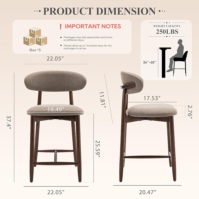 COLAMY Counter Height Bar Stools Set of 6, Kitchen Bar Stools with Back, Mid Century Modern Upholstered, with Wood Legs for Kitchen Island Dining Room, Camel